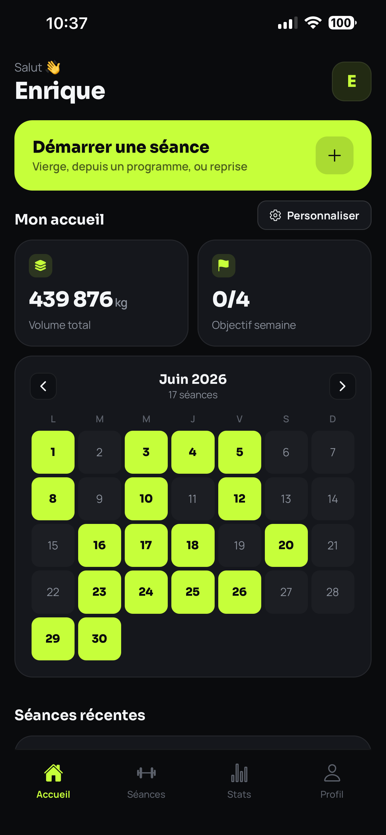 Arestis home screen with the session calendar and progress indicators