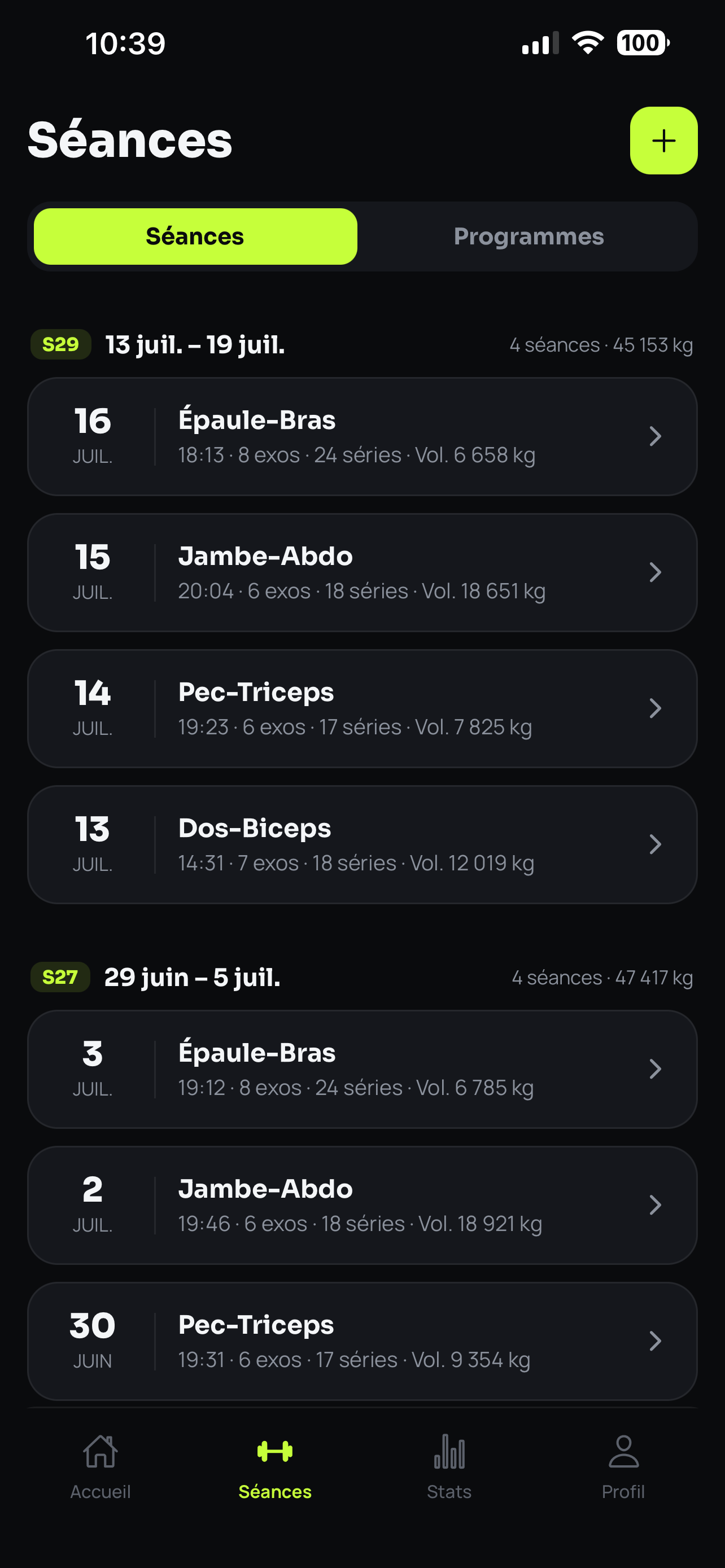 Details of a logged session in Arestis with every exercise and its sets